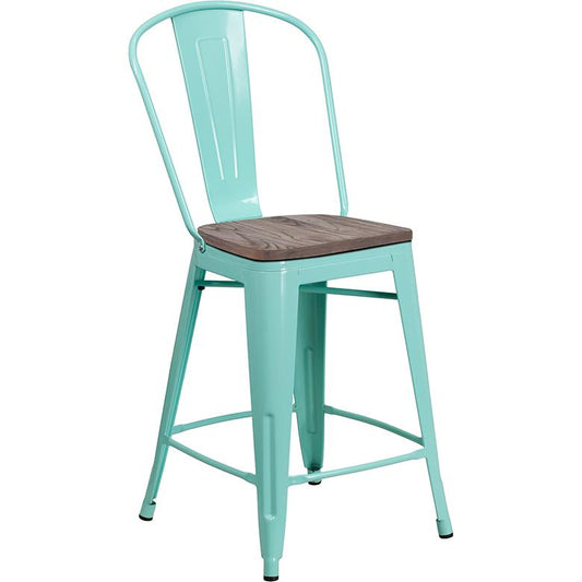 24" High Mint Green Metal Counter Height Stool With Back And Wood Seat By Flash Furniture | Bar Stools | Modishstore