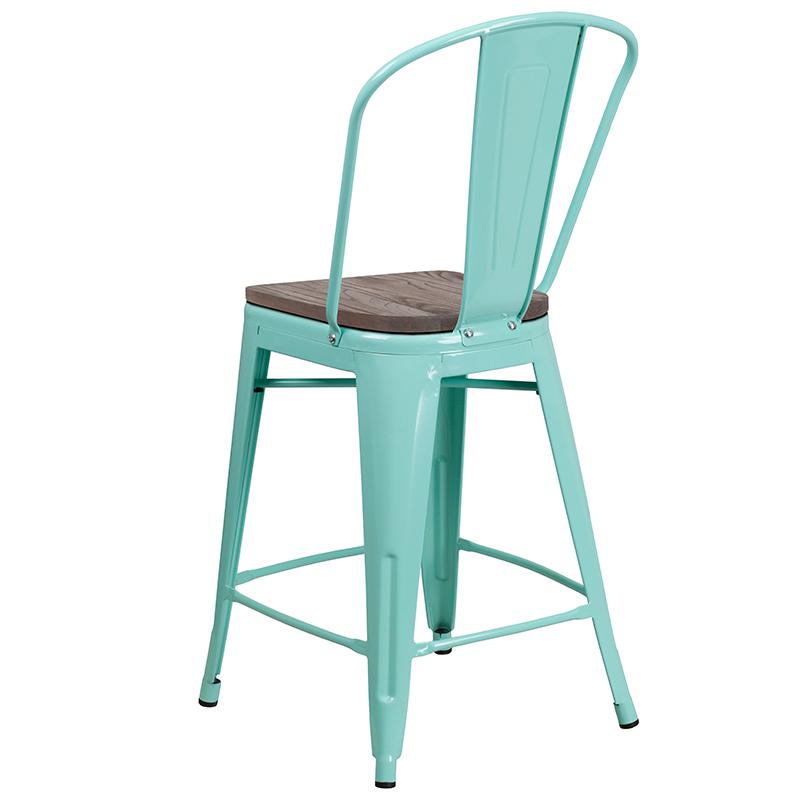 24" High Mint Green Metal Counter Height Stool With Back And Wood Seat By Flash Furniture | Bar Stools | Modishstore - 3