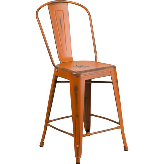 Commercial Grade 24" High Distressed Orange Metal Indoor-Outdoor Counter Height Stool With Back By Flash Furniture | Dining Chairs | Modishstore