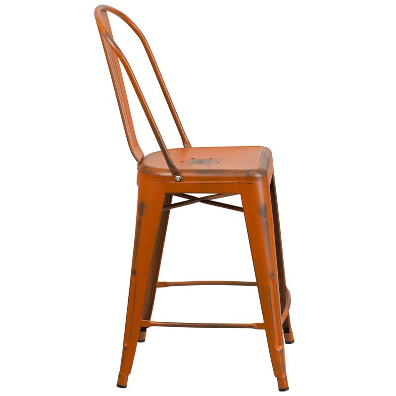Commercial Grade 24" High Distressed Orange Metal Indoor-Outdoor Counter Height Stool With Back By Flash Furniture | Dining Chairs | Modishstore - 2