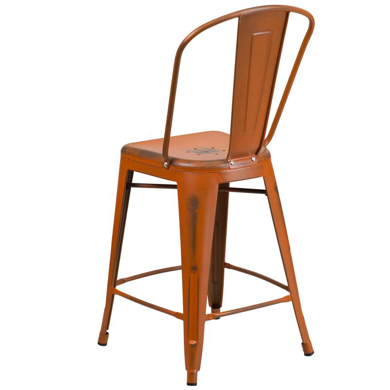 Commercial Grade 24" High Distressed Orange Metal Indoor-Outdoor Counter Height Stool With Back By Flash Furniture | Dining Chairs | Modishstore - 3