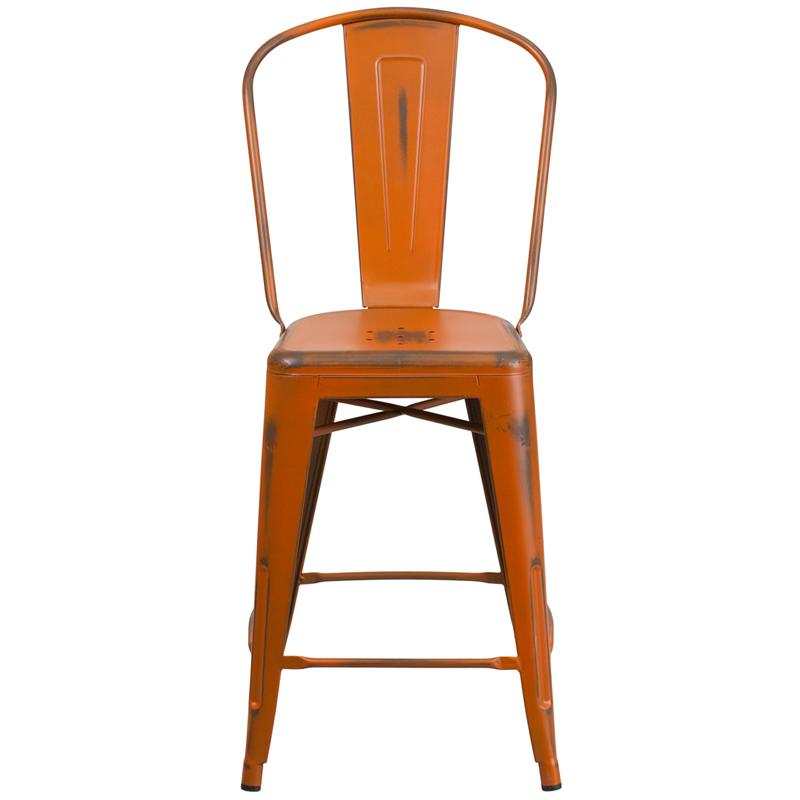 Commercial Grade 24" High Distressed Orange Metal Indoor-Outdoor Counter Height Stool With Back By Flash Furniture | Dining Chairs | Modishstore - 4