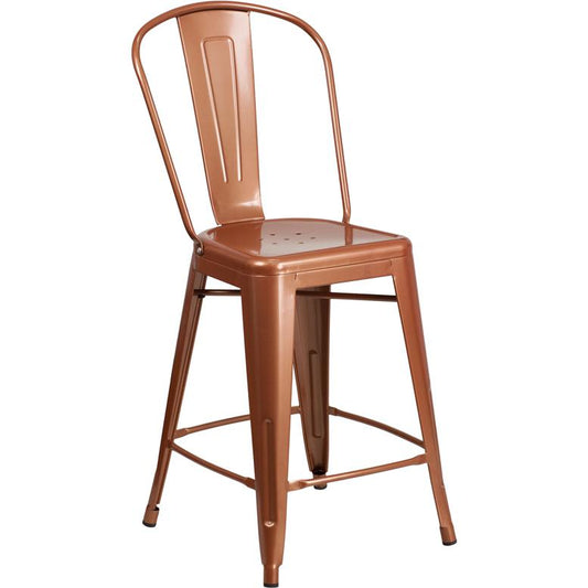 Commercial Grade 24" High Copper Metal Indoor-Outdoor Counter Height Stool With Back By Flash Furniture | Dining Chairs | Modishstore