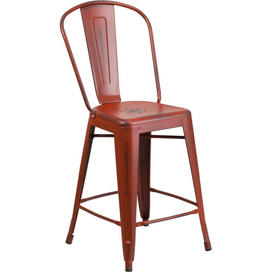Commercial Grade 24" High Distressed Kelly Red Metal Indoor-Outdoor Counter Height Stool With Back By Flash Furniture | Dining Chairs | Modishstore