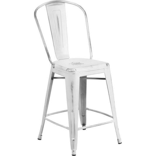 Commercial Grade 24" High Distressed White Metal Indoor-Outdoor Counter Height Stool With Back By Flash Furniture | Dining Chairs | Modishstore - 1