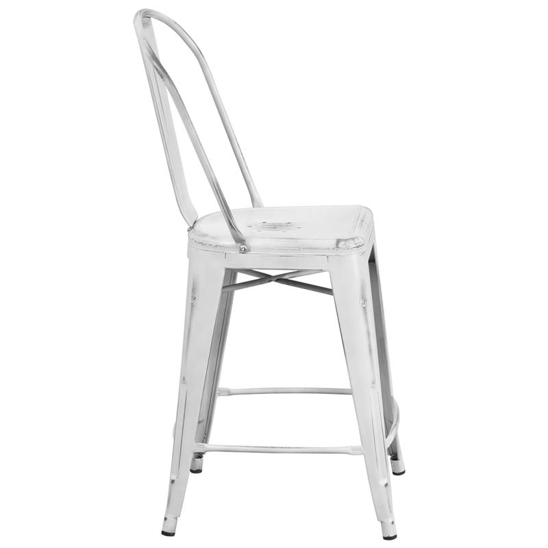 Commercial Grade 24" High Distressed White Metal Indoor-Outdoor Counter Height Stool With Back By Flash Furniture | Dining Chairs | Modishstore - 2