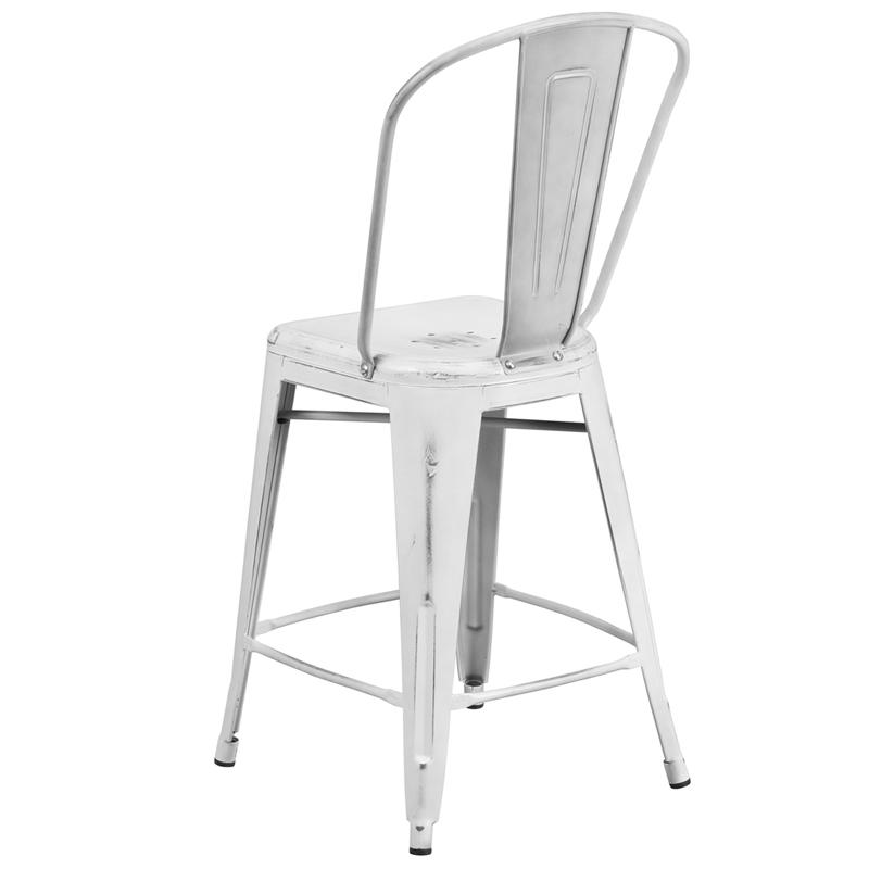 Commercial Grade 24" High Distressed White Metal Indoor-Outdoor Counter Height Stool With Back By Flash Furniture | Dining Chairs | Modishstore - 3