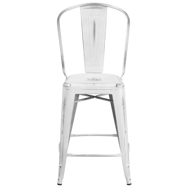 Commercial Grade 24" High Distressed White Metal Indoor-Outdoor Counter Height Stool With Back By Flash Furniture | Dining Chairs | Modishstore - 4