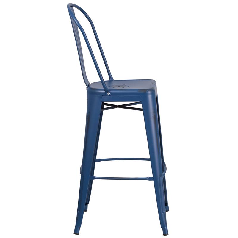 Commercial Grade 30" High Distressed Antique Blue Metal Indoor-Outdoor Barstool With Back By Flash Furniture | Bar Stools | Modishstore - 2