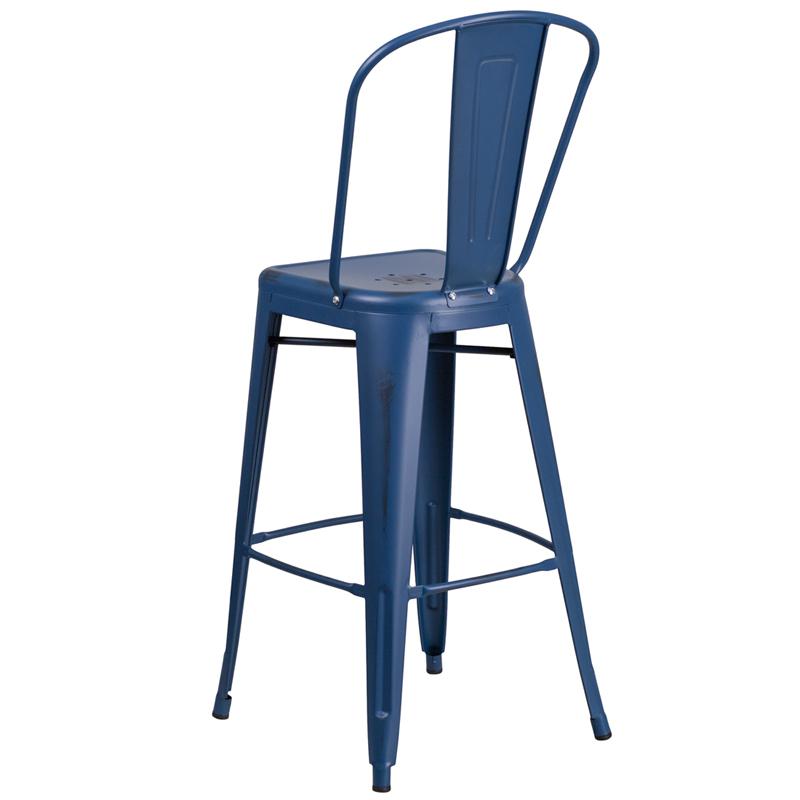Commercial Grade 30" High Distressed Antique Blue Metal Indoor-Outdoor Barstool With Back By Flash Furniture | Bar Stools | Modishstore - 3