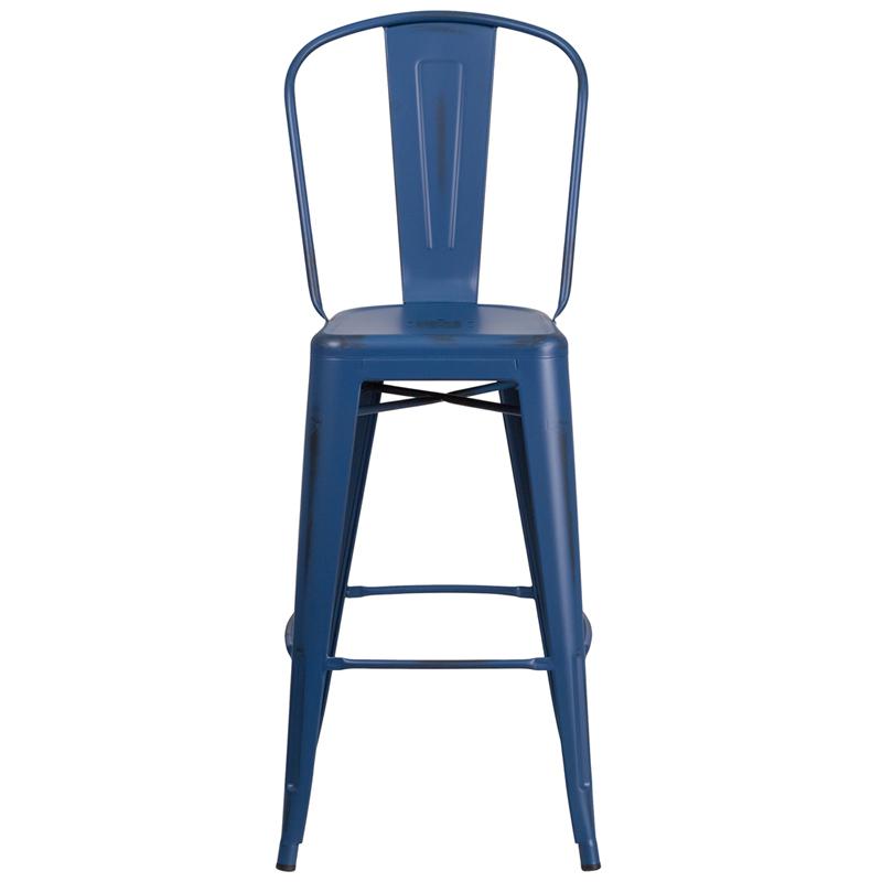 Commercial Grade 30" High Distressed Antique Blue Metal Indoor-Outdoor Barstool With Back By Flash Furniture | Bar Stools | Modishstore - 4