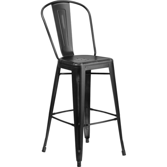 Commercial Grade 30" High Distressed Black Metal Indoor-Outdoor Barstool With Back By Flash Furniture | Bar Stools | Modishstore