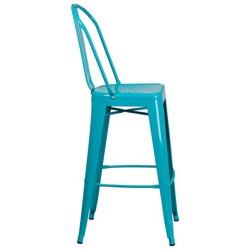 Commercial Grade 30" High Crystal Teal-Blue Metal Indoor-Outdoor Barstool With Back By Flash Furniture | Bar Stools | Modishstore - 2