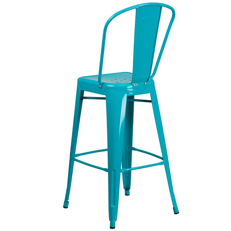 Commercial Grade 30" High Crystal Teal-Blue Metal Indoor-Outdoor Barstool With Back By Flash Furniture | Bar Stools | Modishstore - 3