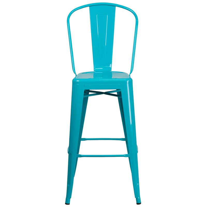 Commercial Grade 30" High Crystal Teal-Blue Metal Indoor-Outdoor Barstool With Back By Flash Furniture | Bar Stools | Modishstore - 4