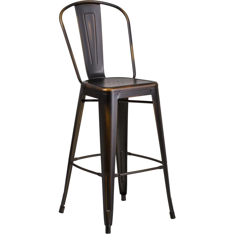 Commercial Grade 30" High Distressed Copper Metal Indoor-Outdoor Barstool With Back By Flash Furniture | Bar Stools | Modishstore