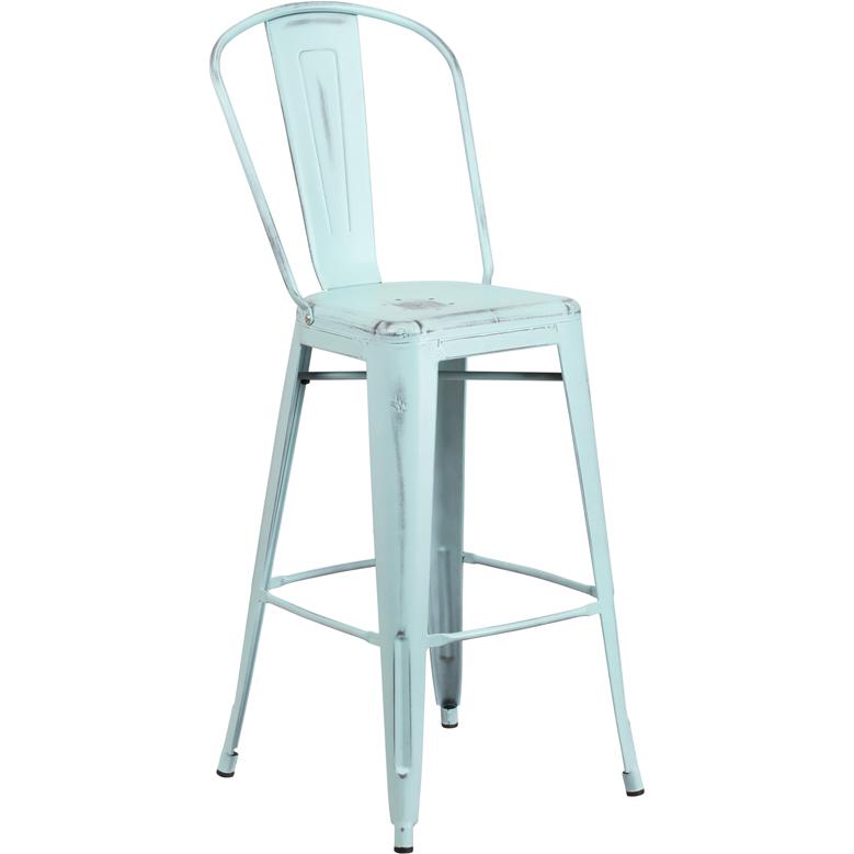Commercial Grade 30" High Distressed Green-Blue Metal Indoor-Outdoor Barstool With Back By Flash Furniture | Bar Stools | Modishstore - 1