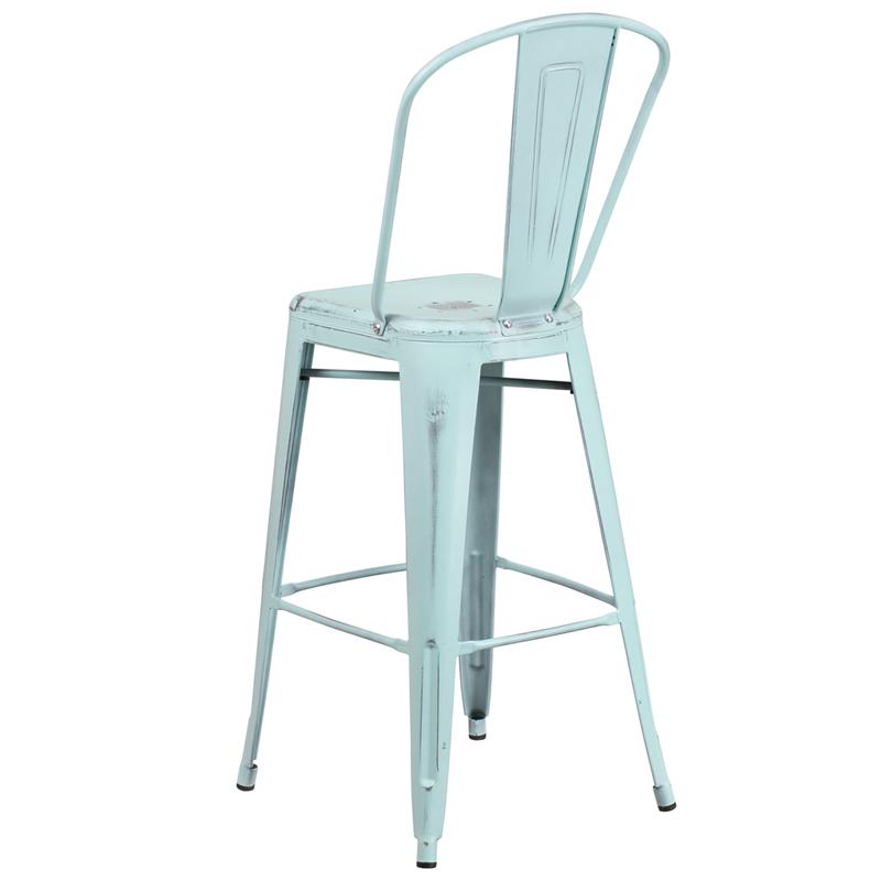 Commercial Grade 30" High Distressed Green-Blue Metal Indoor-Outdoor Barstool With Back By Flash Furniture | Bar Stools | Modishstore - 3