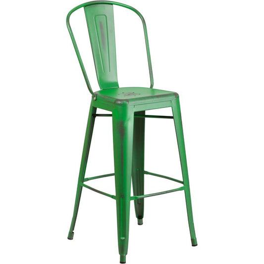 Commercial Grade 30" High Distressed Green Metal Indoor-Outdoor Barstool With Back By Flash Furniture | Bar Stools | Modishstore