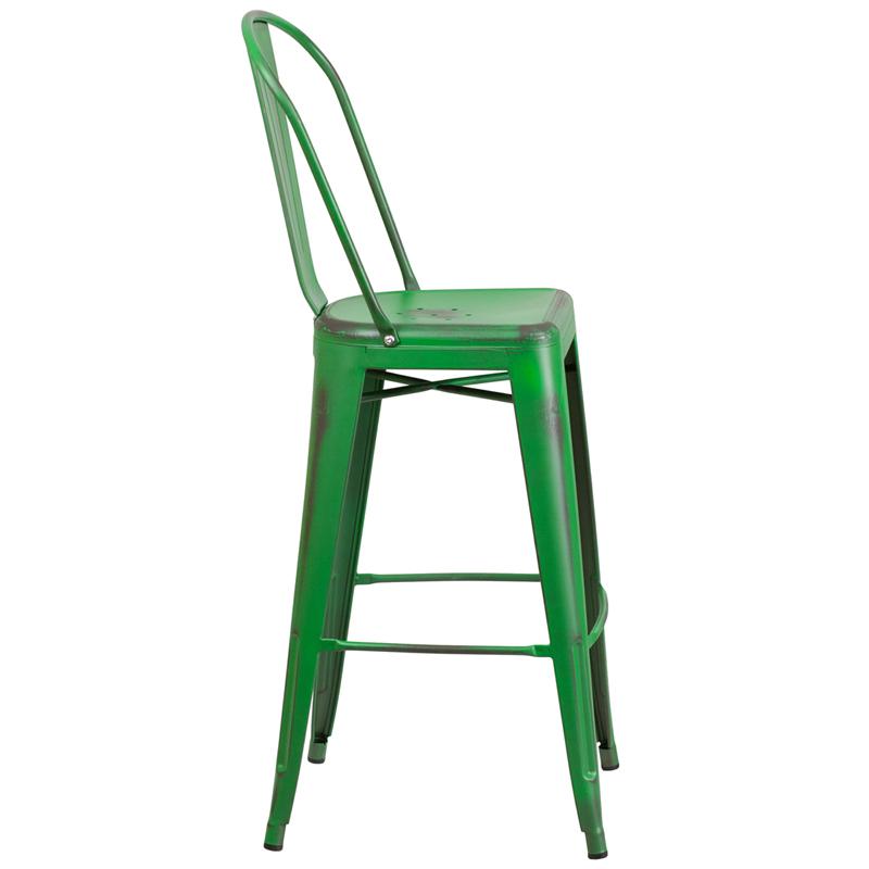 Commercial Grade 30" High Distressed Green Metal Indoor-Outdoor Barstool With Back By Flash Furniture | Bar Stools | Modishstore - 2