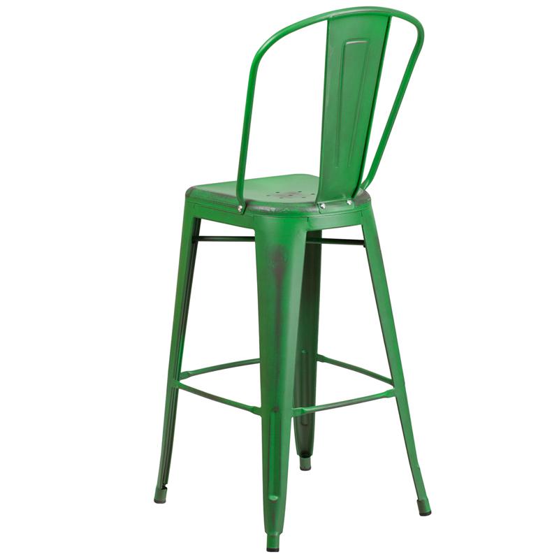 Commercial Grade 30" High Distressed Green Metal Indoor-Outdoor Barstool With Back By Flash Furniture | Bar Stools | Modishstore - 3