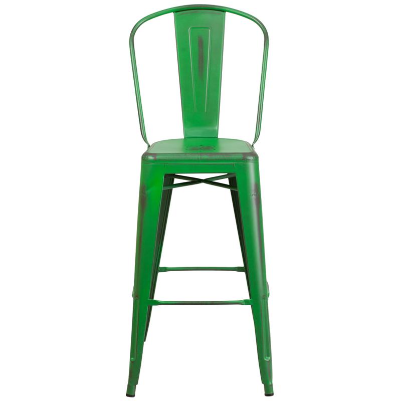 Commercial Grade 30" High Distressed Green Metal Indoor-Outdoor Barstool With Back By Flash Furniture | Bar Stools | Modishstore - 4