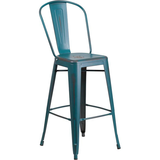 Commercial Grade 30" High Distressed Kelly Blue-Teal Metal Indoor-Outdoor Barstool With Back By Flash Furniture | Bar Stools | Modishstore