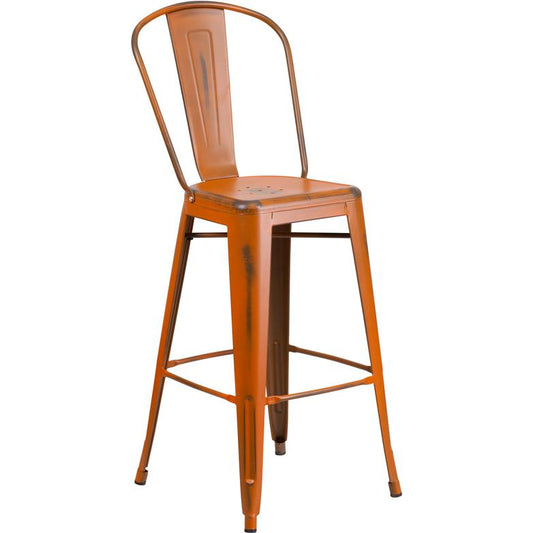 Commercial Grade 30" High Distressed Orange Metal Indoor-Outdoor Barstool With Back By Flash Furniture | Bar Stools | Modishstore