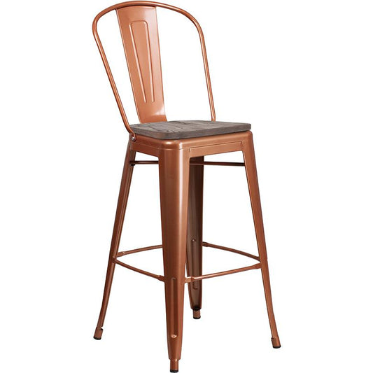 30" High Copper Metal Barstool With Back And Wood Seat By Flash Furniture | Bar Stools | Modishstore