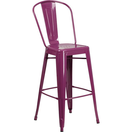 Commercial Grade 30" High Purple Metal Indoor-Outdoor Barstool With Back By Flash Furniture | Bar Stools | Modishstore