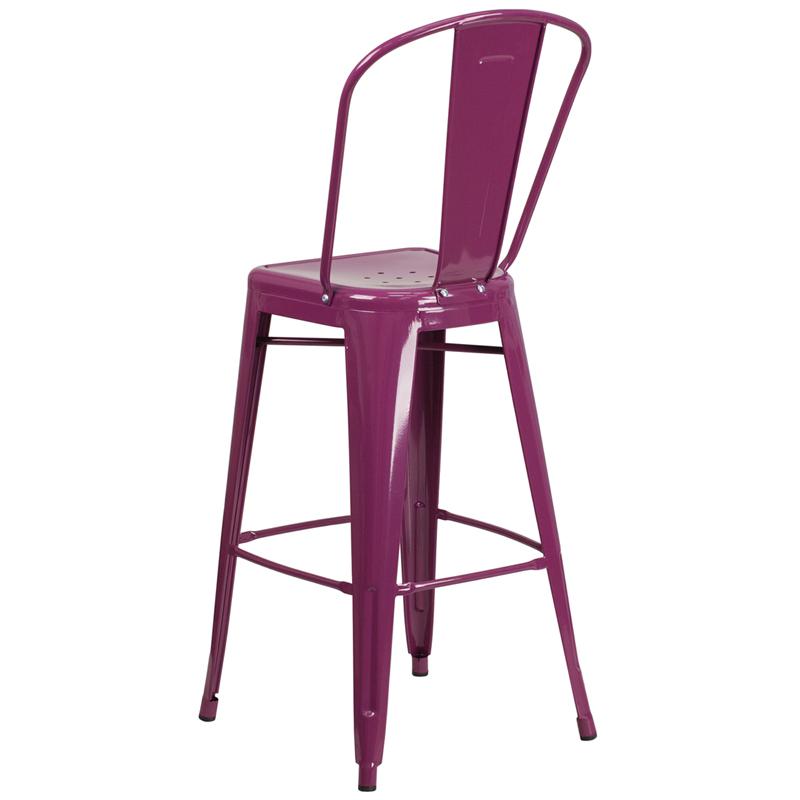 Commercial Grade 30" High Purple Metal Indoor-Outdoor Barstool With Back By Flash Furniture | Bar Stools | Modishstore - 3
