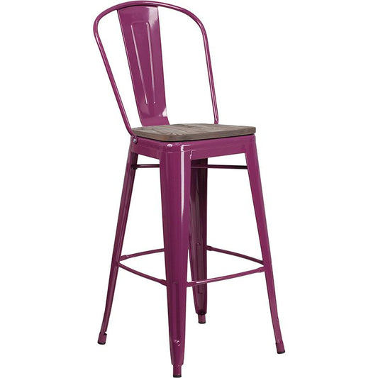 30" High Purple Metal Barstool With Back And Wood Seat By Flash Furniture | Bar Stools | Modishstore
