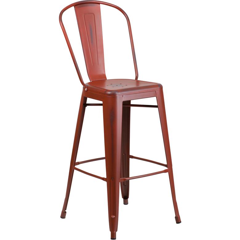 Commercial Grade 30" High Distressed Kelly Red Metal Indoor-Outdoor Barstool With Back By Flash Furniture | Bar Stools | Modishstore