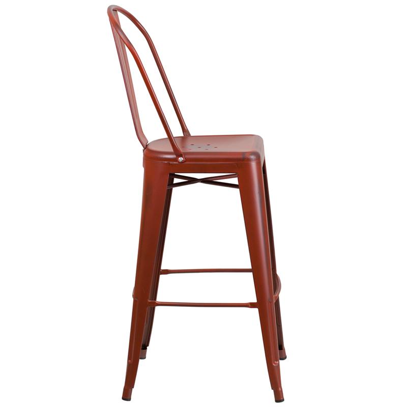 Commercial Grade 30" High Distressed Kelly Red Metal Indoor-Outdoor Barstool With Back By Flash Furniture | Bar Stools | Modishstore - 2