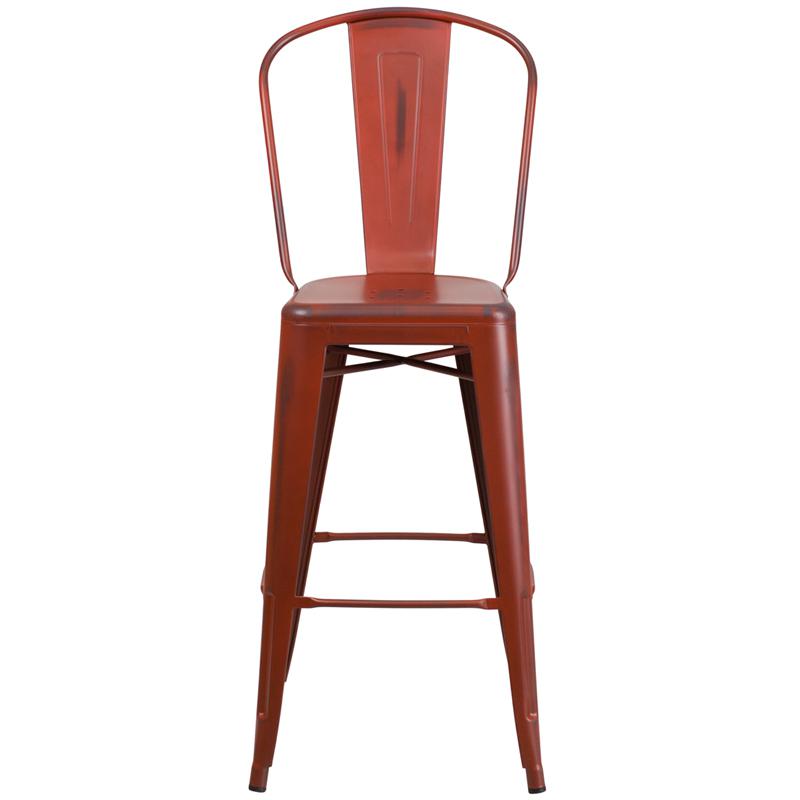 Commercial Grade 30" High Distressed Kelly Red Metal Indoor-Outdoor Barstool With Back By Flash Furniture | Bar Stools | Modishstore - 4