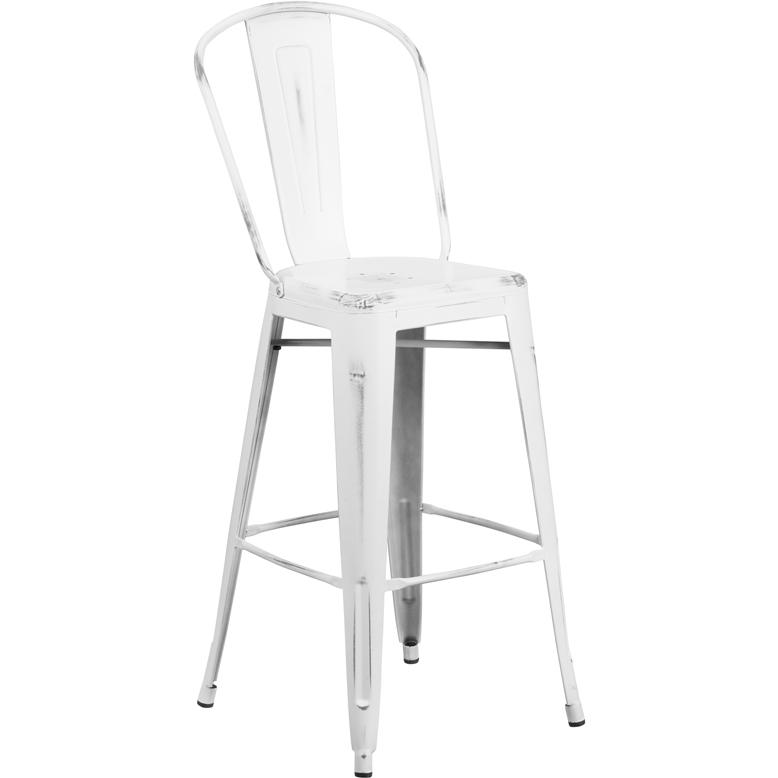Commercial Grade 30" High Distressed White Metal Indoor-Outdoor Barstool With Back By Flash Furniture | Bar Stools | Modishstore - 1