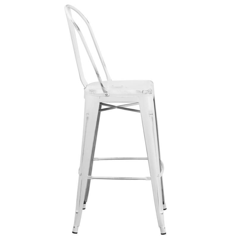 Commercial Grade 30" High Distressed White Metal Indoor-Outdoor Barstool With Back By Flash Furniture | Bar Stools | Modishstore - 2