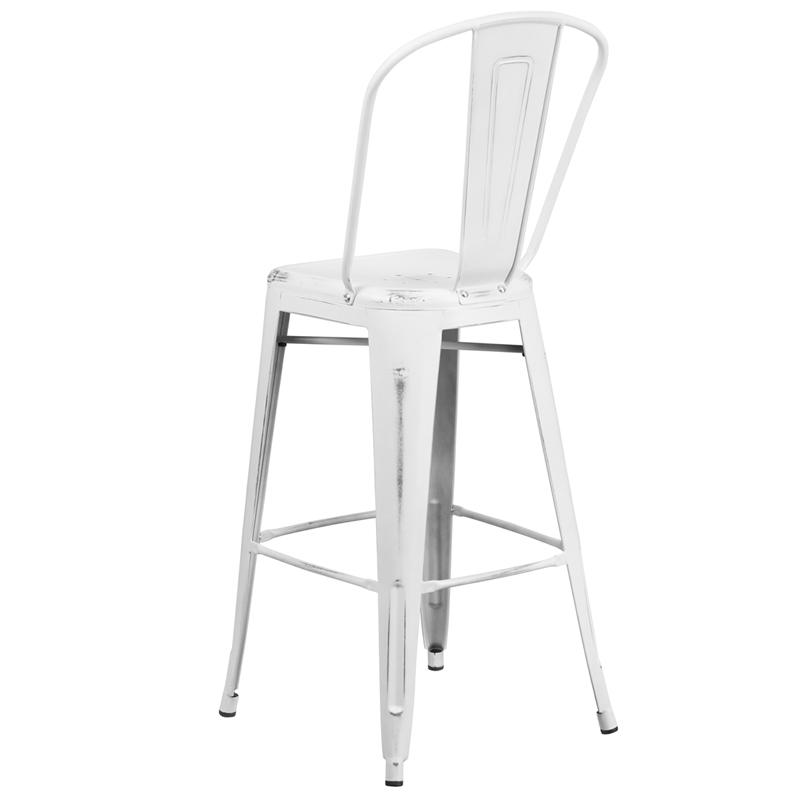 Commercial Grade 30" High Distressed White Metal Indoor-Outdoor Barstool With Back By Flash Furniture | Bar Stools | Modishstore - 3