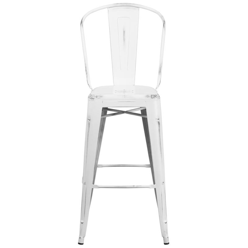 Commercial Grade 30" High Distressed White Metal Indoor-Outdoor Barstool With Back By Flash Furniture | Bar Stools | Modishstore - 4