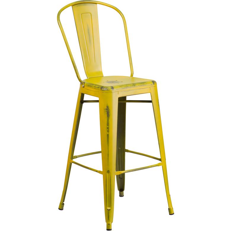 Commercial Grade 30" High Distressed Yellow Metal Indoor-Outdoor Barstool With Back By Flash Furniture | Bar Stools | Modishstore - 1