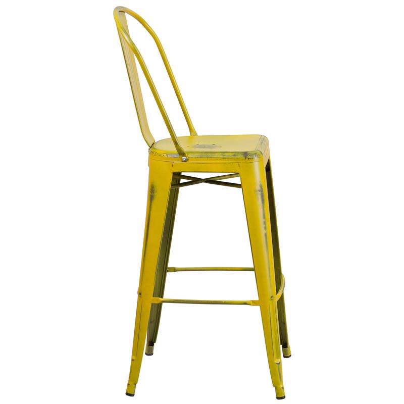 Commercial Grade 30" High Distressed Yellow Metal Indoor-Outdoor Barstool With Back By Flash Furniture | Bar Stools | Modishstore - 2