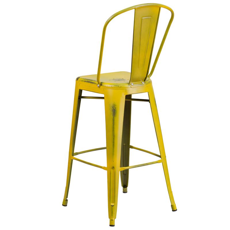 Commercial Grade 30" High Distressed Yellow Metal Indoor-Outdoor Barstool With Back By Flash Furniture | Bar Stools | Modishstore - 3