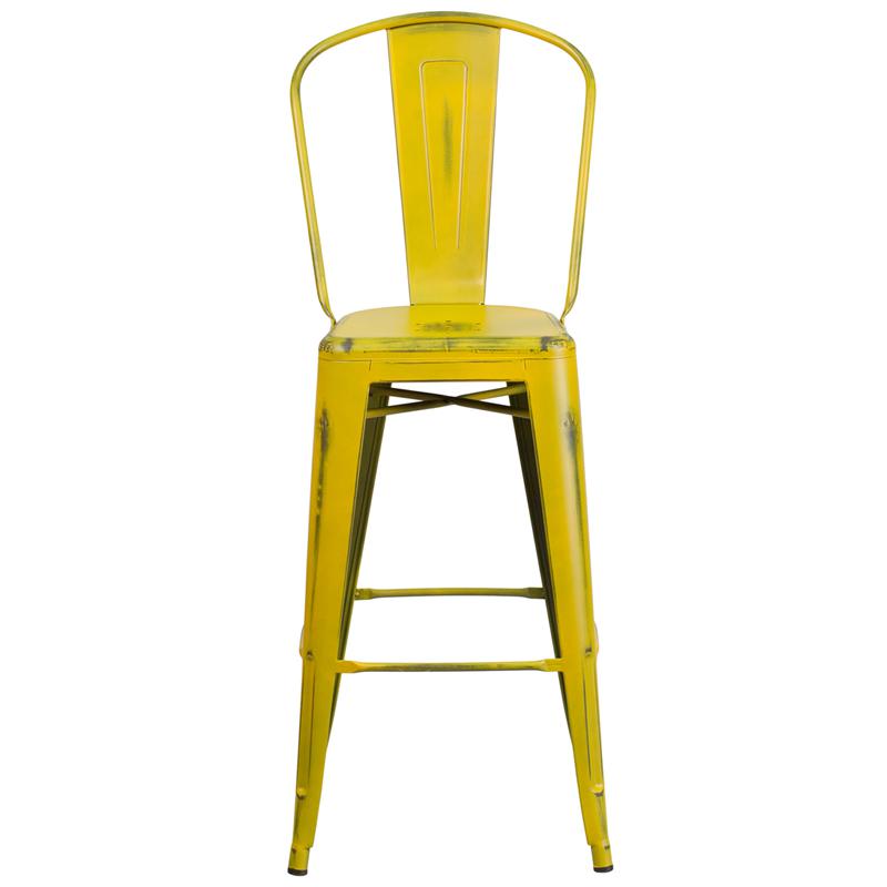 Commercial Grade 30" High Distressed Yellow Metal Indoor-Outdoor Barstool With Back By Flash Furniture | Bar Stools | Modishstore - 4