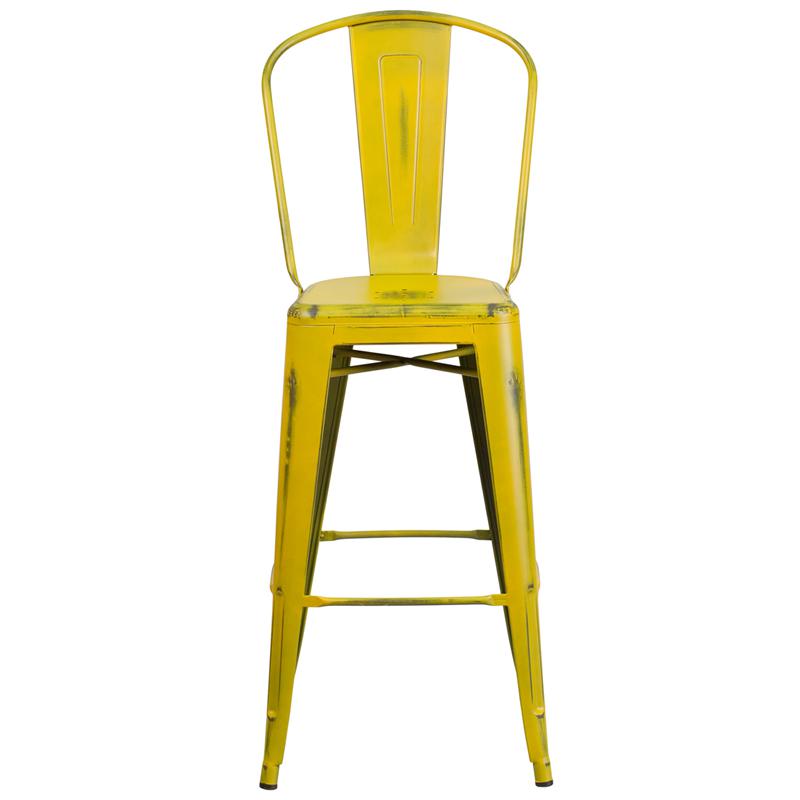 Commercial Grade 30" High Distressed Yellow Metal Indoor-Outdoor Barstool With Back By Flash Furniture | Bar Stools | Modishstore - 4
