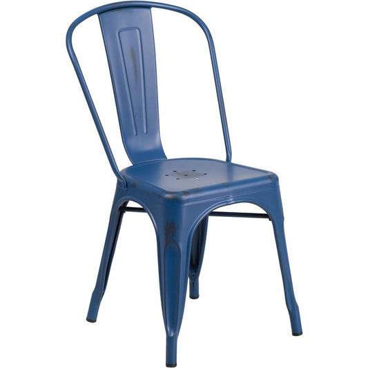 Commercial Grade Distressed Antique Blue Metal Indoor-Outdoor Stackable Chair By Flash Furniture | Dining Chairs | Modishstore - 1