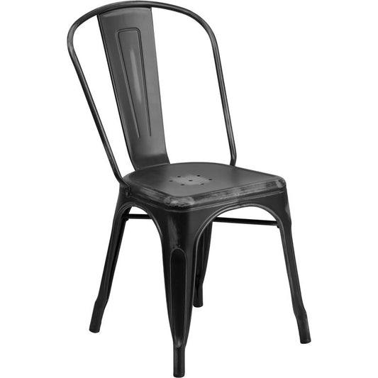 Commercial Grade Distressed Black Metal Indoor-Outdoor Stackable Chair By Flash Furniture | Dining Chairs | Modishstore