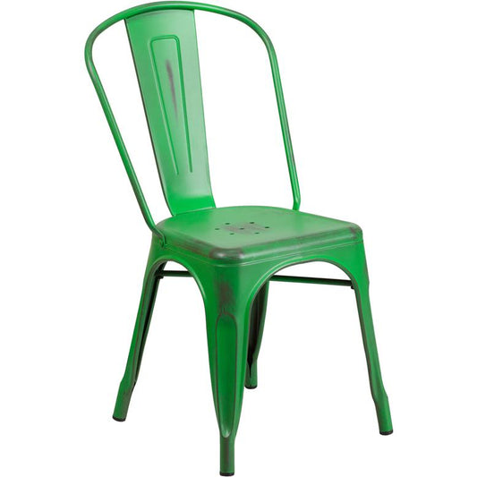 Commercial Grade Distressed Green Metal Indoor-Outdoor Stackable Chair By Flash Furniture | Dining Chairs | Modishstore