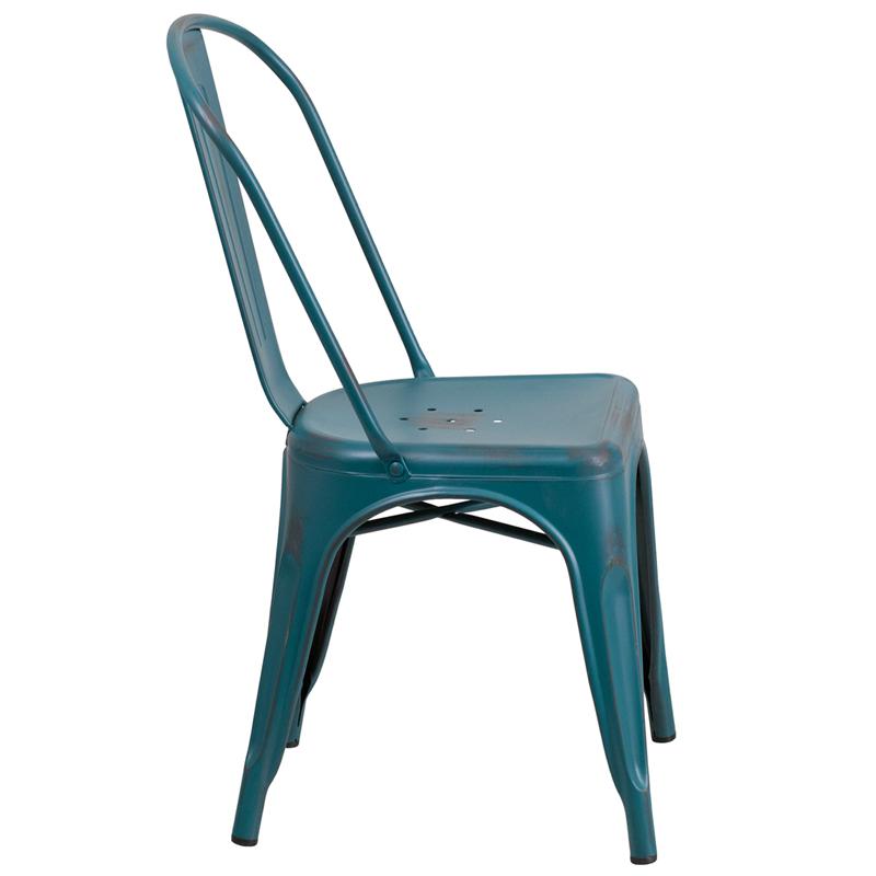 Commercial Grade Distressed Kelly Blue-Teal Metal Indoor-Outdoor Stackable Chair By Flash Furniture | Dining Chairs | Modishstore - 2