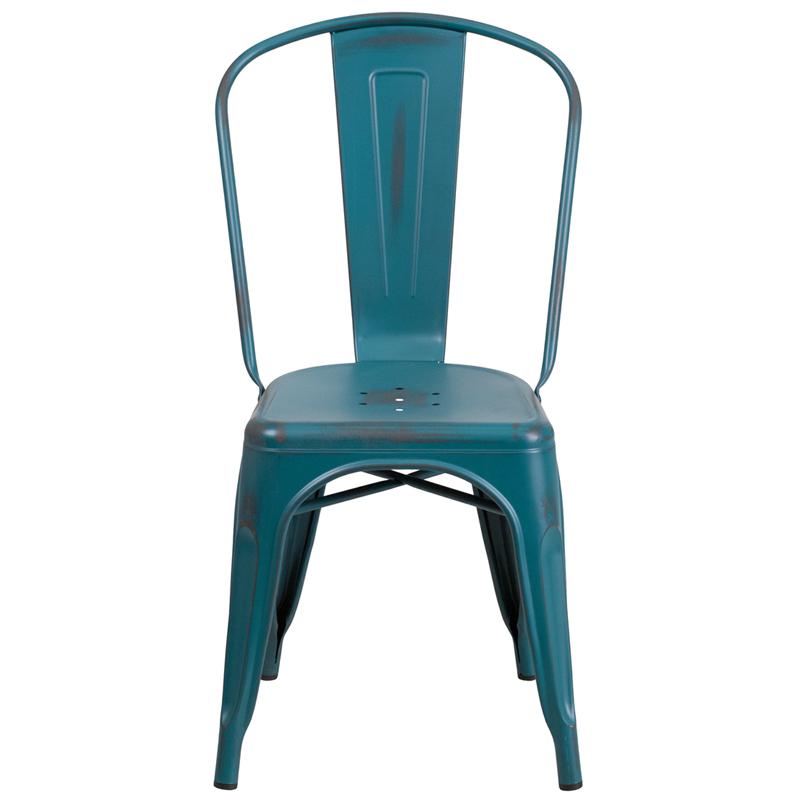 Commercial Grade Distressed Kelly Blue-Teal Metal Indoor-Outdoor Stackable Chair By Flash Furniture | Dining Chairs | Modishstore - 4
