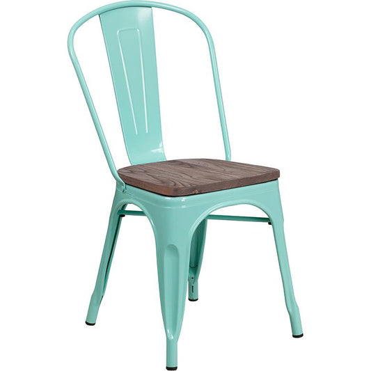 Mint Green Metal Stackable Chair With Wood Seat By Flash Furniture | Dining Chairs | Modishstore